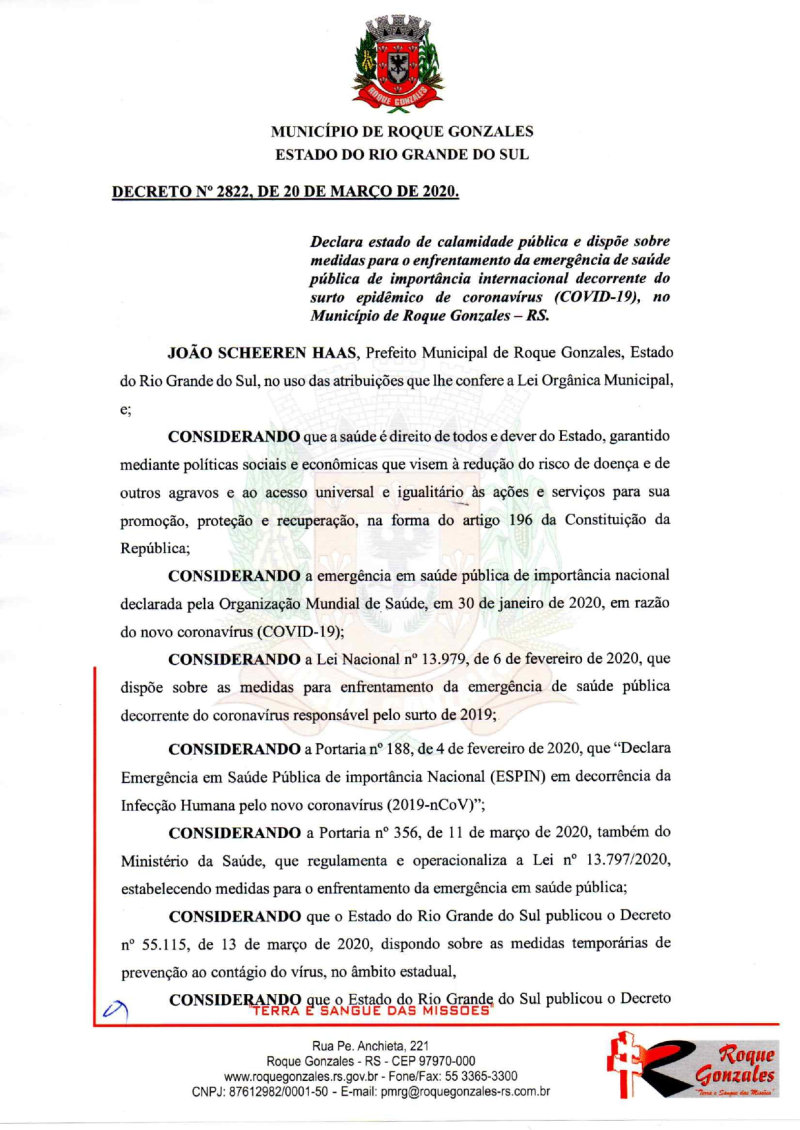 PREFEITO ASSINA DECRETO QUE DECLARA ESTADO DE CALAMIDADE PÚBLICA E DISPÕE MEDIDAS PARA O ENFRENTAMENTO DO SURTO EPIDÊMICO DE CORONAVÍRUS (COVID-19)